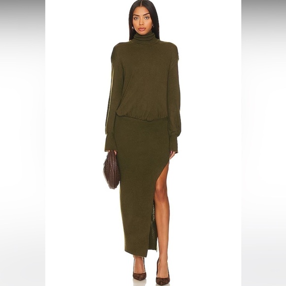 SER.O.YA Dresses & Skirts - SER.O.YA NWT Diana Dress Long Sleeve Ruched Turtleneck with Slit Size M Green